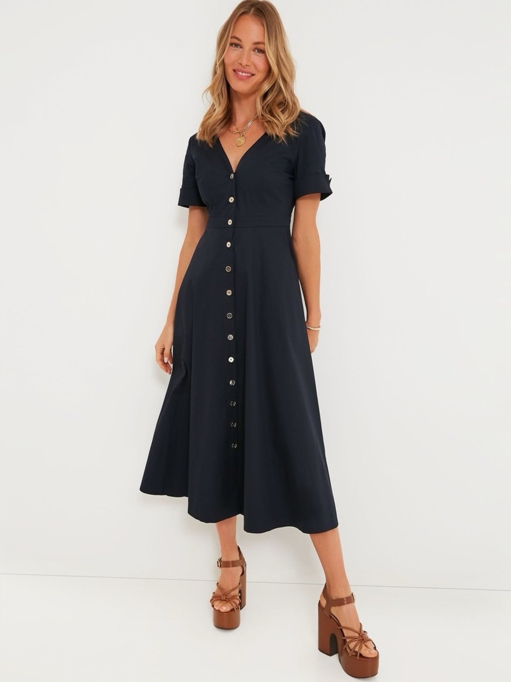 Tuckernuck Kate Navy Button-Front Midi Dress